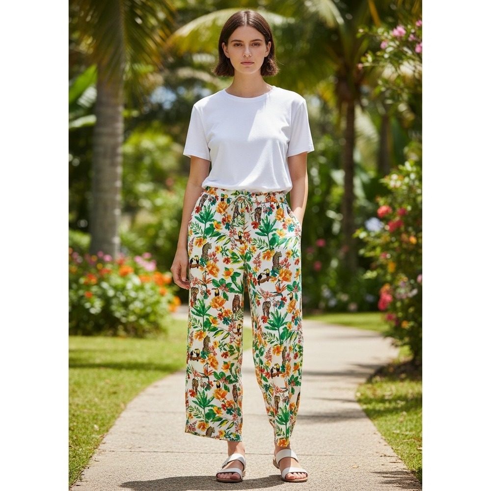 Jane + Delancey Pants Womens S Tropical Jungle Print White Small Excellent Rayon